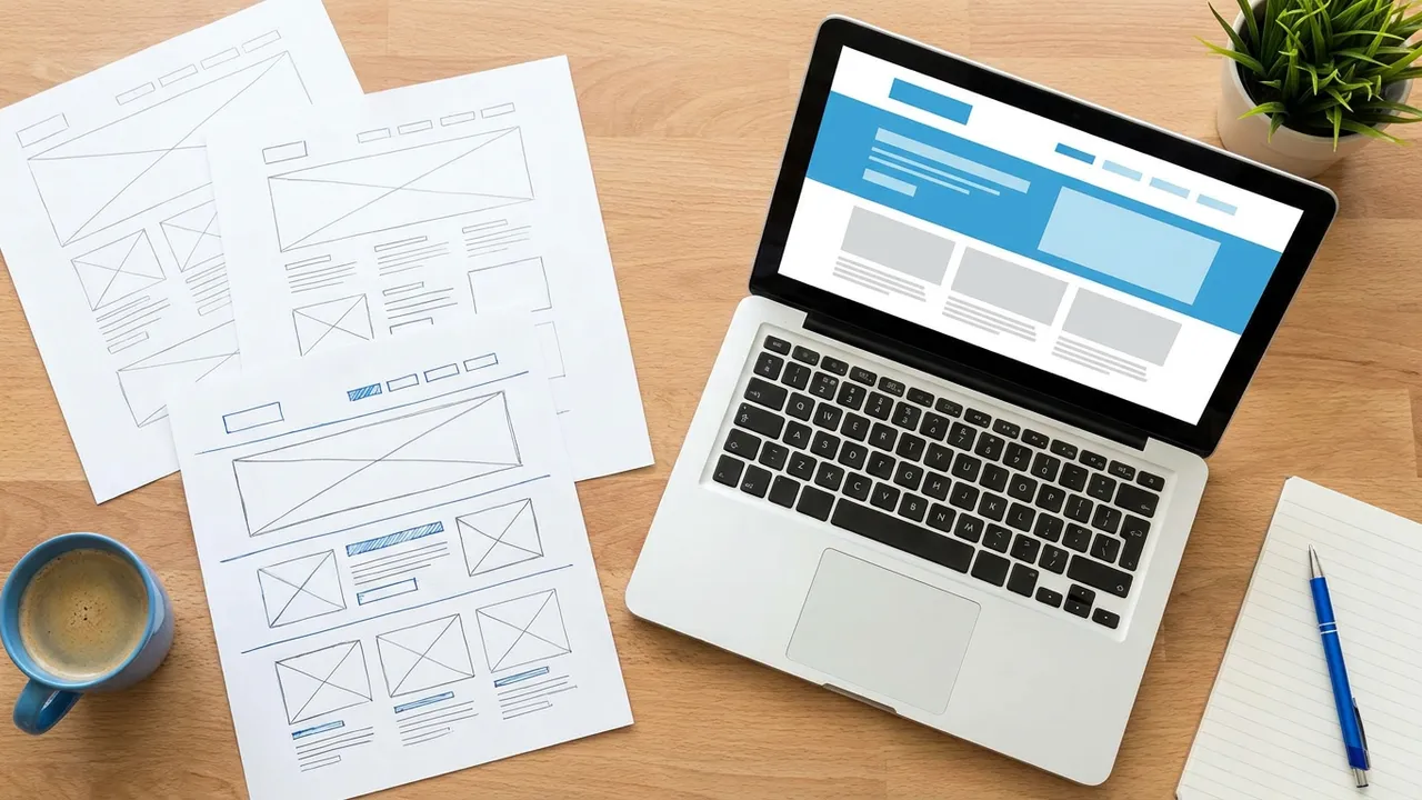 Website-Projekt planen: Wireframe-Skizzen neben einem Laptop