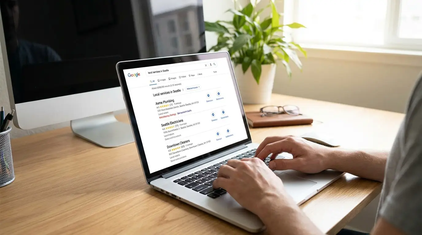 Person sucht auf Google nach lokalem Dienstleister – lokale Suchergebnisse mit Bewertungen und Websites sichtbar