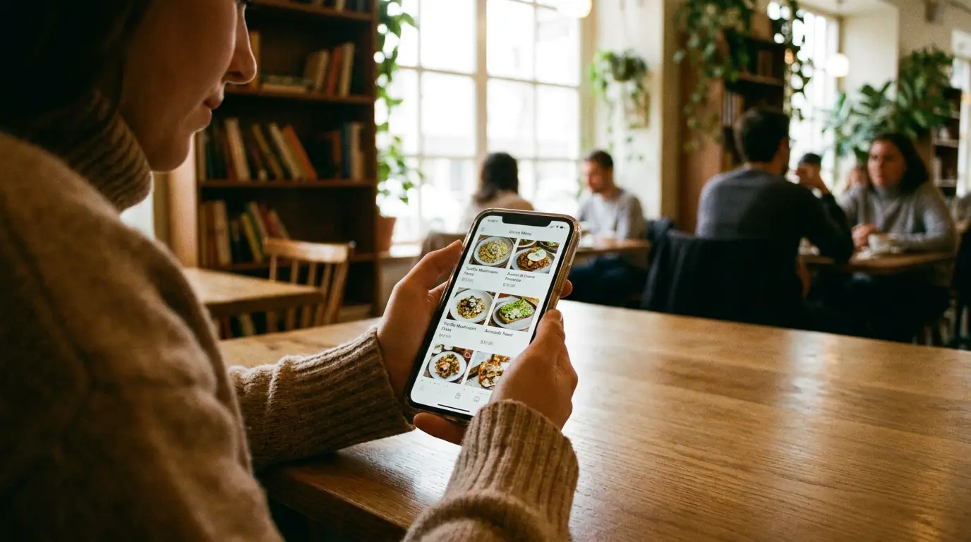 Frau liest in einem Café die digitale Speisekarte eines Restaurants auf dem Smartphone