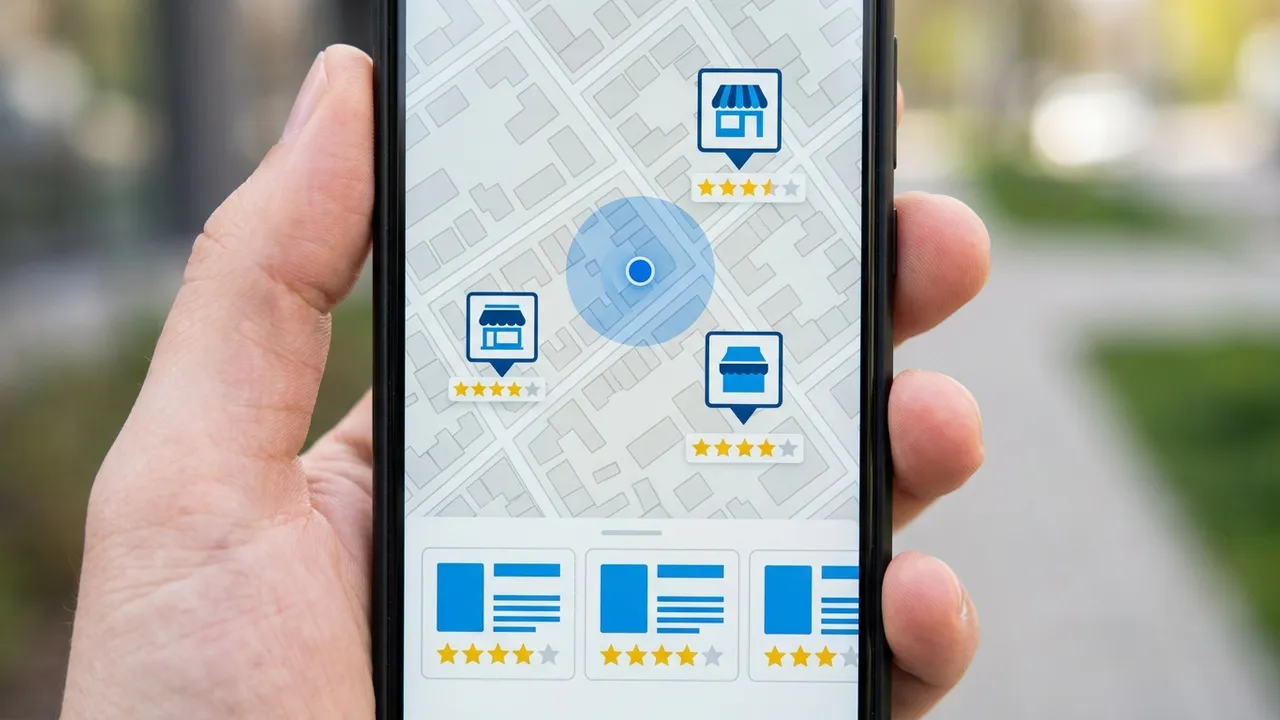 Lokale Google-Suchergebnisse mit drei Betrieben und Bewertungen auf einer Karte (Local Pack)
