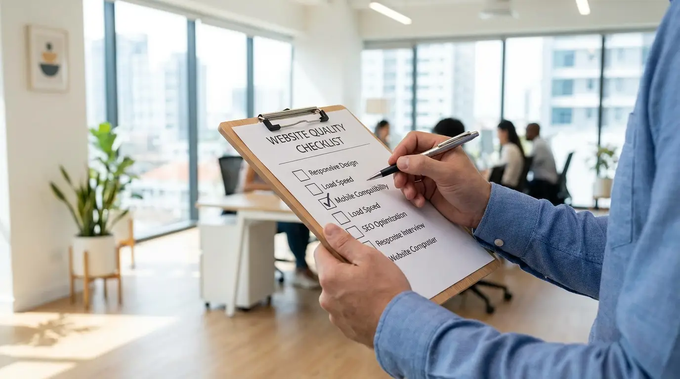 Website-Qualitäts-Checkliste auf Klemmbrett – Merkmale einer professionellen Website systematisch prüfen