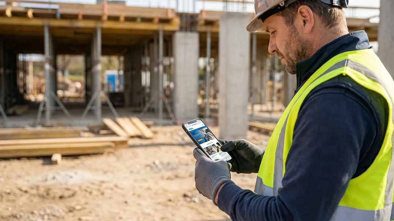 Handwerker prüft auf der Baustelle die eigene Firmen-Website auf dem Smartphone