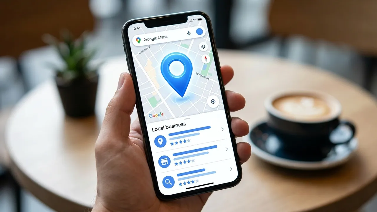 Local SEO: Standort-Pin und lokale Google-Suchergebnisse auf dem Smartphone