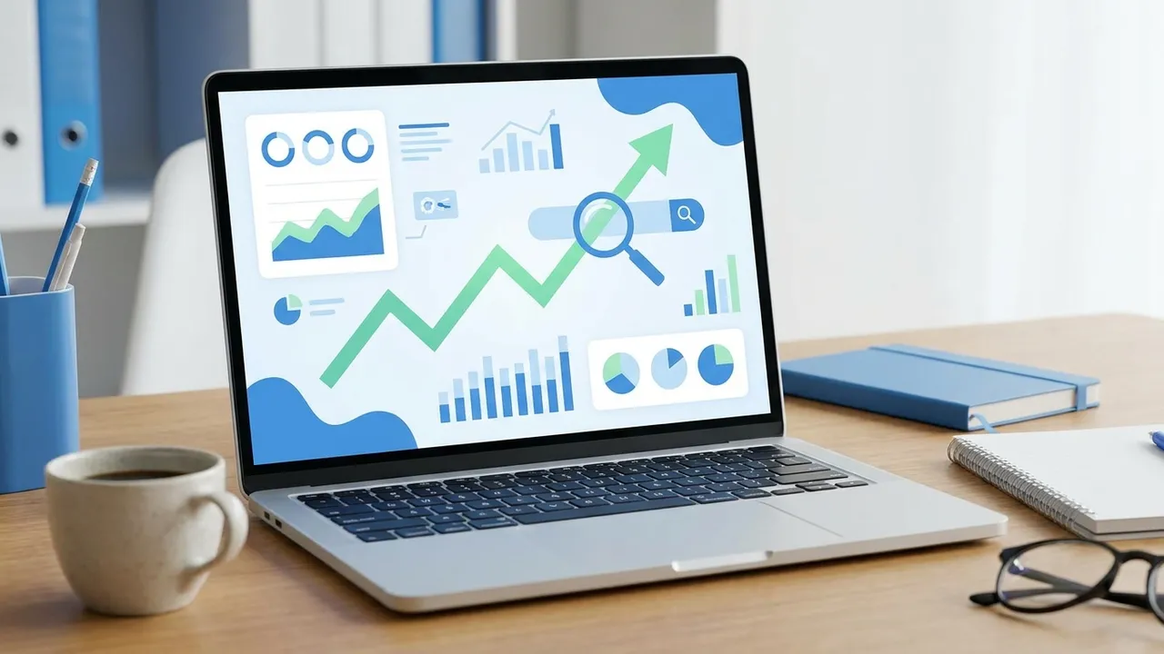 SEO-Analyse mit steigender Ranking-Kurve und Google-Suche – Suchmaschinenoptimierung von enkoshop